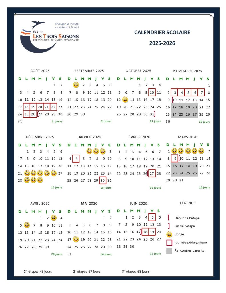 Calendrier scolaire 2025-2026